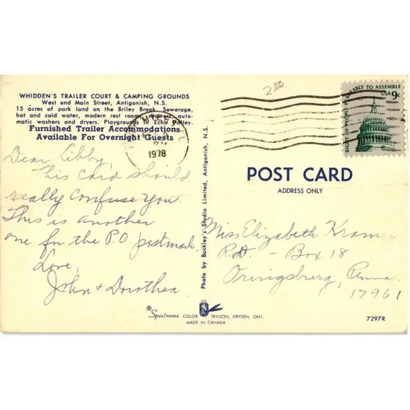 Whidden's Trailer Court & Camping Grounds Antigonish, N.S Canada Postcard - Picture 2 of 2